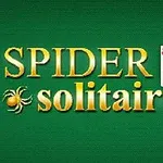 Žlutý nápis Spider Solitaire na zeleném pozadí s pavučinou a hracími kartami