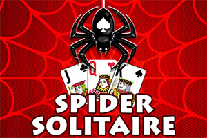 Černý pavouk se symbolem pikové eso na těle visí nad dvěma hracími kartami, Král a Spodek pik, na červeném pozadí s nápisem Spider Solitaire