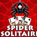 Černý pavouk se symbolem pikové eso na těle visí nad dvěma hracími kartami, Král a Spodek pik, na červeném pozadí s nápisem Spider Solitaire