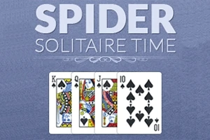 Text Spider Solitaire Time na modrém pozadí s kartami krále, dámy, kluka a desítky pikové barvy