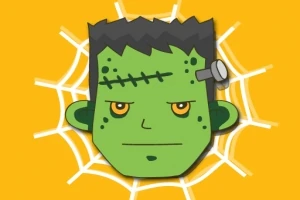 Zelená karikatura Frankensteina s šroubem v hlavě na oranžovém pozadí s pavučinou