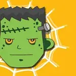 Zelená karikatura Frankensteina s šroubem v hlavě na oranžovém pozadí s pavučinou