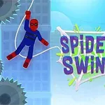 Pavouk v modro-červeném obleku houpející se na laně se nachází mezi dvěma budovami, s názvem Spidey Swing uprostřed