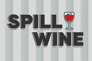 Text SPILL WINE s grafikou sklenice vína na šedém pruhovaném pozadí