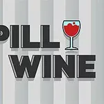 Text SPILL WINE s grafikou sklenice vína na šedém pruhovaném pozadí