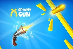 Revolver vystřelující kulku proti modrému pozadí s nápisem Spinny Gun