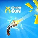 Revolver vystřelující kulku proti modrému pozadí s nápisem Spinny Gun
