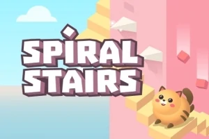 Nápis „Spiral Stairs“ vedle roztomilého zvířátka sedícího na točitém schodišti s pastelově modrou a růžovou stěnou