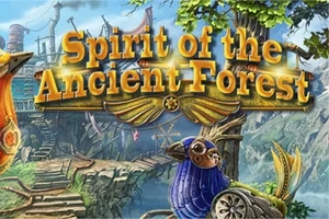 Nápis Spirit of the Ancient Forest na pozadí malebné lesní scenérie s dřevěným mostem a detailně zobrazenými mechanickými ptáky