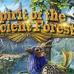 Nápis Spirit of the Ancient Forest na pozadí malebné lesní scenérie s dřevěným mostem a detailně zobrazenými mechanickými ptáky