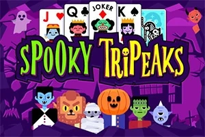 Barevná ilustrace s nápisem Spooky TriPeaks obklopená kreslenými postavičkami strašidel, jako jsou upír, mumie a dýně, na fialovém pozadí s kartami