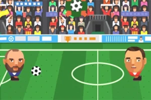 Dva kreslení fotbalisté na hřišti s diváky na tribunách v pozadí