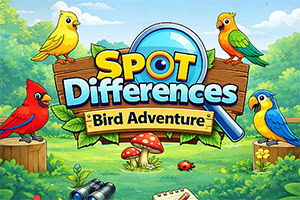 Barevný kreslený plakát s nápisem „Spot Differences Bird Adventure, čtyřmi ptáky, lupou a lesní mýtinou s houbami