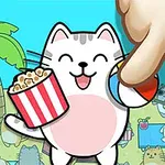 Kreslená kočka s popcornem a barevným míčkem, okolí plné koček u vody s palmami a slunečníky