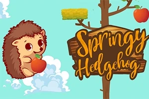 Roztomilý kreslený ježek držící jablko vedle stromu s nápisem „Springy Hedgehog“ na dřevěné tabuli, obloha v pozadí