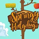 Roztomilý kreslený ježek držící jablko vedle stromu s nápisem „Springy Hedgehog“ na dřevěné tabuli, obloha v pozadí