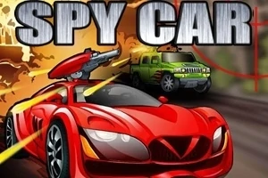 Červené sportovní auto s namontovaným dělem na střeše v akční scéně s výbuchem a zeleným SUV v pozadí