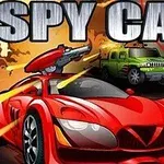 Červené sportovní auto s namontovaným dělem na střeše v akční scéně s výbuchem a zeleným SUV v pozadí