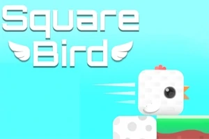 Název Square Bird s okřídleným textem a kresleným hranatým ptáčkem na modrém pozadí