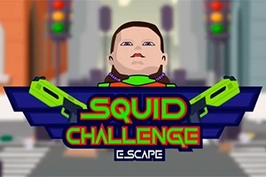 Ilustrace s postavou dítěte, nápisem „Squid Challenge“ a světly na pozadí