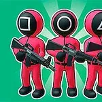 Tři postavy v růžových uniformách držící zbraně, s hlavami ve tvaru geometrických tvarů (čtverec, kruh, trojúhelník) na zeleném pozadí