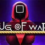 Postava v červeném obleku s černou maskou s bílým čtvercem, text Tug of War přes provaz na tmavě fialovém pozadí