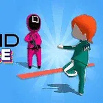 Postava v červené kombinéze s maskou stojí proti postavě v zelené teplákové soupravě na modrém pozadí s nápisem „SQUID RACE“