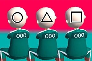Tři kreslené postavy sedí s různými geometrickými tvary na hlavách a číselným kódem 000 na zádech, na růžovém a tyrkysovém pozadí