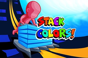 Červená postavička tlačící modré bloky na barevné cestě s nápisem Stack Colors!
