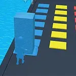 Červená postavička tlačící modré bloky na barevné cestě s nápisem Stack Colors!