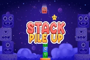 Barevné bloky s obličeji na tmavě modrém pozadí s nápisem STACK PILE UP