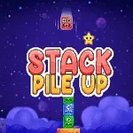 Barevné bloky s obličeji na tmavě modrém pozadí s nápisem STACK PILE UP