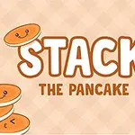 Ilustrace veselých lívanců s očima a ústy na béžovém kostkovaném pozadí s nápisem Stack the Pancake