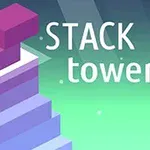 Stoh fialových a modrých kvádrů se zeleným pozadím a textem STACK tower