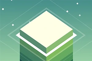 Izometrický pohled na vrstvenou zelenou věž s geometrickými tvary na modrozeleném pozadí