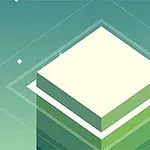 Izometrický pohled na vrstvenou zelenou věž s geometrickými tvary na modrozeleném pozadí