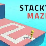 Barevná ilustrace s postavičkou stojící na bludišti z bílých kostek na růžovém podkladu, vedle nápisu STACKY MAZE