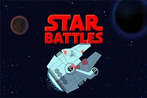 Vesmírná loď letící ve vesmíru s planetami v pozadí a červeným nápisem Star Battles