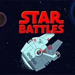 Vesmírná loď letící ve vesmíru s planetami v pozadí a červeným nápisem Star Battles