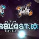 Dva futuristické vesmírné lodě, jedna s modrými a druhá s oranžovými detaily, na vesmírném pozadí s nápisem Starblast