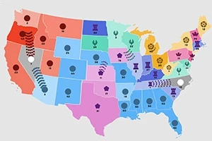 Barevná mapa Spojených států amerických s různými symboly ve státech