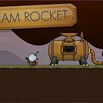 Malá postavička v helmě stojí vedle parního stroje a rakety s nápisem STEAM ROCKET