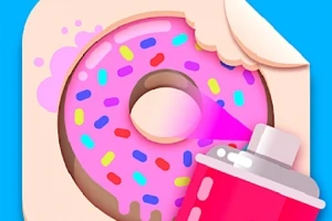 Růžový donut s barevným posypem je stříkán růžovou barvou z plechovky