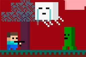 Pixelová scéna s postavičkou držící zbraň, bílým objektem ve vzduchu a zelenou příšerou na tmavě červeném pozadí
