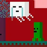 Pixelová scéna s postavičkou držící zbraň, bílým objektem ve vzduchu a zelenou příšerou na tmavě červeném pozadí