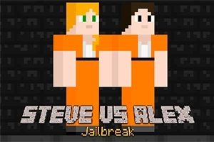 Dva kreslení postavy v oranžových vězeňských uniformách na tmavém pozadí s nápisem Steve vs Alex Jailbreak