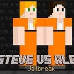 Dva kreslení postavy v oranžových vězeňských uniformách na tmavém pozadí s nápisem Steve vs Alex Jailbreak