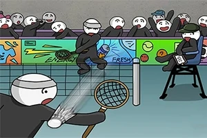 Kreslená postavička hrající tenis s raketou a míčkem, zatímco diváci sledují zápas