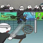 Kreslená postavička hrající tenis s raketou a míčkem, zatímco diváci sledují zápas