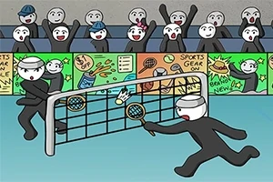 Dva kreslení panáčci s raketami hrají u sítě venkovní hru před publikem, které je v pozadí